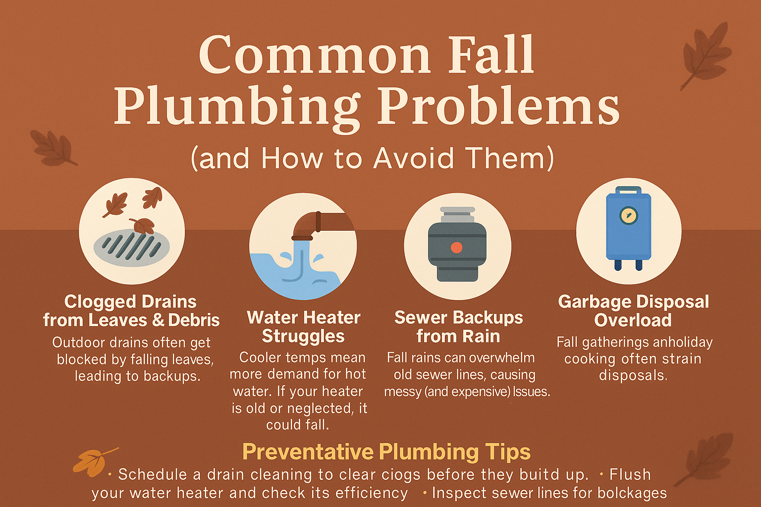 Infographic showing common fall plumbing problems in San Jose including clogged drains, water heater issues, sewer backups, and garbage disposal overload